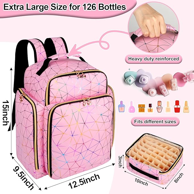 AHZSKE Nail Polish Organizer Backpack Holds 126 Bottles& Nail Lamp, Extra Large Nail Kit Supplies Organizer Bag with 3 Removable Cases, Portable Nail Organizers and Storage for Trave (PU Leather Pink)