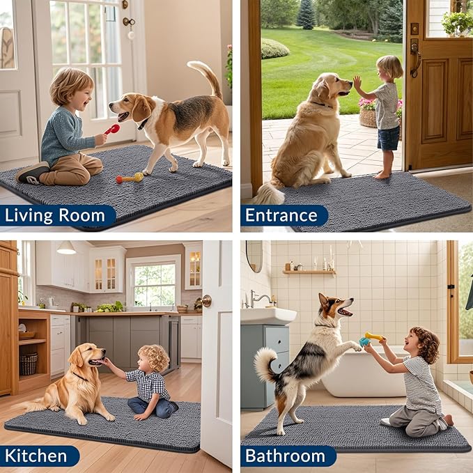 Smiry Dog Door Mat for Muddy Paws 34x21, Absorbs Moisture and Dirt Doormat, Non-Slip Washable Quick Dry Chenille Front Door Mat Indoor Entrance, Entryway Carpet for Inside Floor, Dark Grey