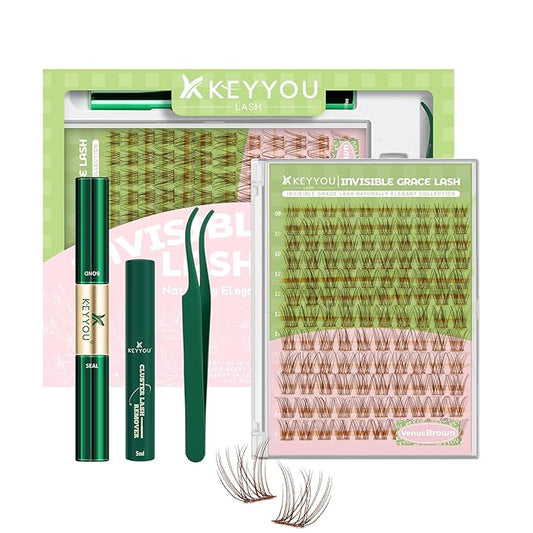 KEYYOU Venus Brown Lash Clusters Kit Fairy Lash Extension Kit C Curl 120Pcs 8-16MIX Eyelash Extension Wispy Natural Invisible Band Lash with Waterproof DIY Lash Extension Kit at Home