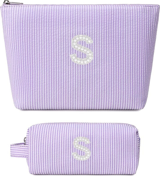 2 Pieces Makeup Bag Set Cute Cosmetic Pouch for Girls Women Stripe Travel Toiletry Bag Makeup Purse Pouch Aesthetic Skincare Brushes Storage Organizer for Christmas Women(Purple S)