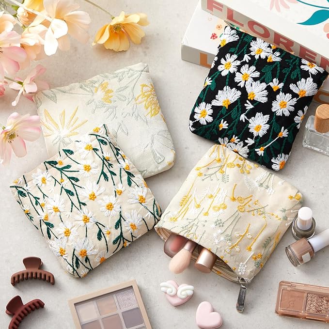 Abbylike 4 Pcs Small Makeup Bag Corduroy Cosmetic Pouch with Zipper Portable Little Bags for Purse Mini Pouch Cute Makeup Purse for Coin Essentials Items Women(Embroidery)