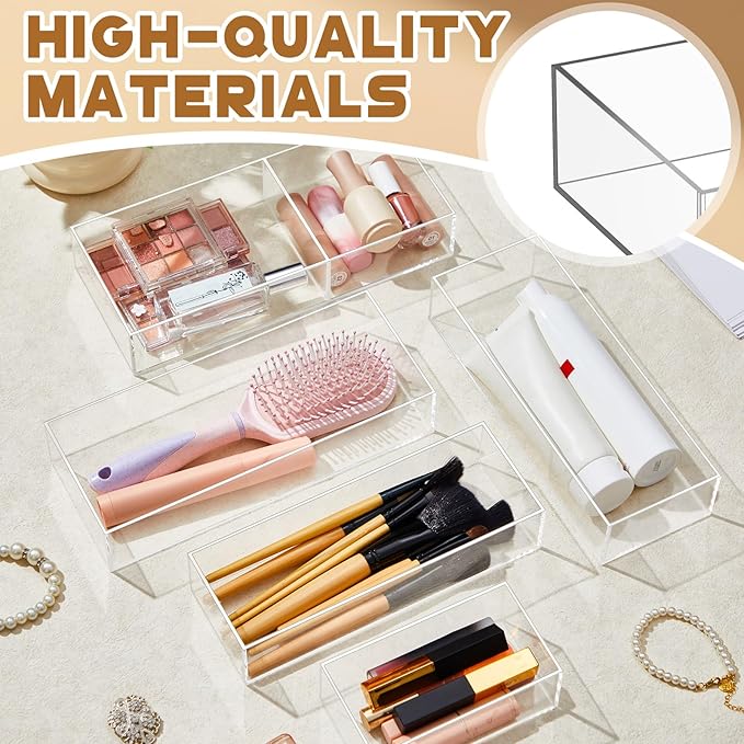 Set of 5 Acrylic Desk Bathroom Organizer, Makeup Drawer Organizer Trays, Storage Bins for Stationery, Makeup, Jewelry, Gadgets for Kitchen, Office, Bedroom, Bathroom Gifts