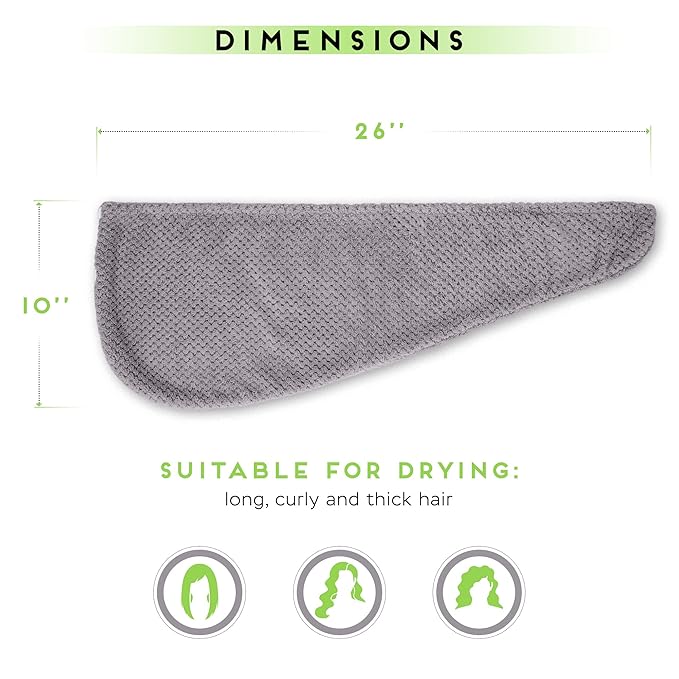 2 Pack Microfiber Hair Towel Wrap for Women, Anti Frizz Quick Drying Hair Turban for All Hair Style, Absorbent and Lightweight (Grey)