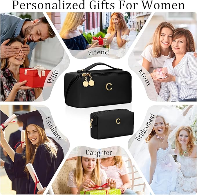 Birthday Gifts for Women Teen Girl, Personalized Initial Makeup Organizer Bag Set, Open Flat Travel Cosmetic Bag With Clear Divider and Handle(Black,C)