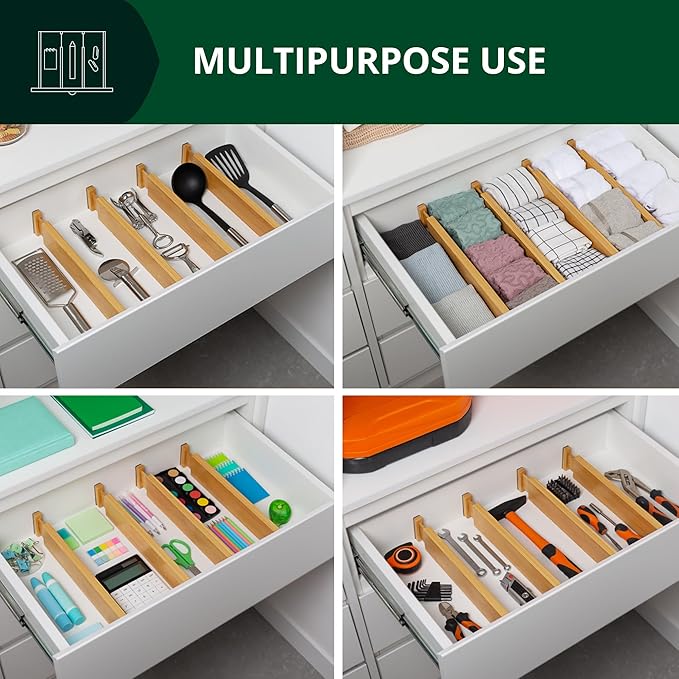 ROYAL CRAFT WOOD Adjustable Bamboo Drawer Dividers Organizers (17-21.5") with Inserts - Expandable Drawer Organization Separators for Kitchen Utensils, Clothes, 4-Pack