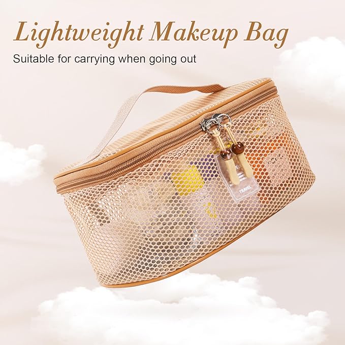 Boho Mesh Makeup Bag, Breathable Cosmetic Bags with Zipper, Travel Lightweight Make Up Organizer Mesh, Toiletry Bag with Handle for Women Girls Gift