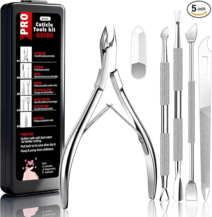 Cbiumpro 5-Pack Cuticle Trimmer Set with Pusher, Cutter, Scraper, Nipper, Clipper, Professional Stainless Steel Cuticle Remover Tools Kit for Fingernails & Toenails - with Case