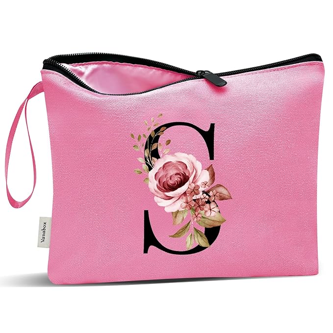 Vavabox A-Z Personalized Makeup Bag, Birthday Gifts for Women Mom, Gifts for Best Friend, Bride Bridesmaid Cosmetic bag (S, Peach)
