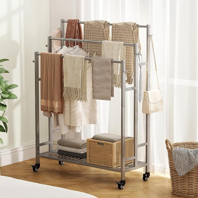 SORCEDAS Towel Rack 3 Tier Free Standing Metal Towel Stand with Storage Shelf and Wheel for Extra Large Towel Blanket Drying (Grey)