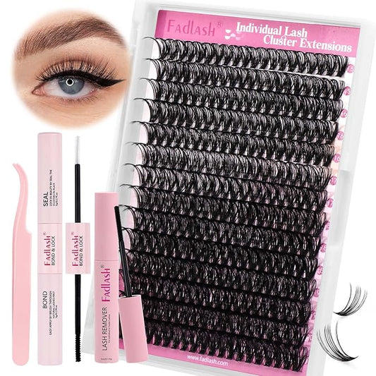 DIY Lash Extension Kit Individual Lashes Clusters Lash Bond and Seal, Clusters Lash Glue Remover and Eyelash Tweezers for Eyelash Extensions (40D-0.07C, 15-20mm, Kit)