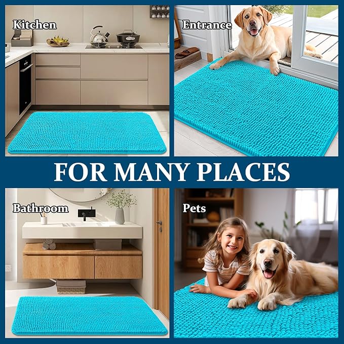 OLANLY Dog Door Mat for Muddy Paws 54x24, Absorbs Moisture and Dirt, Absorbent Non-Slip Washable Doormat, Quick Dry Chenille Mud Mat for Dogs, Entry Indoor Entryway Carpet for Inside Floor, Aqua Blue