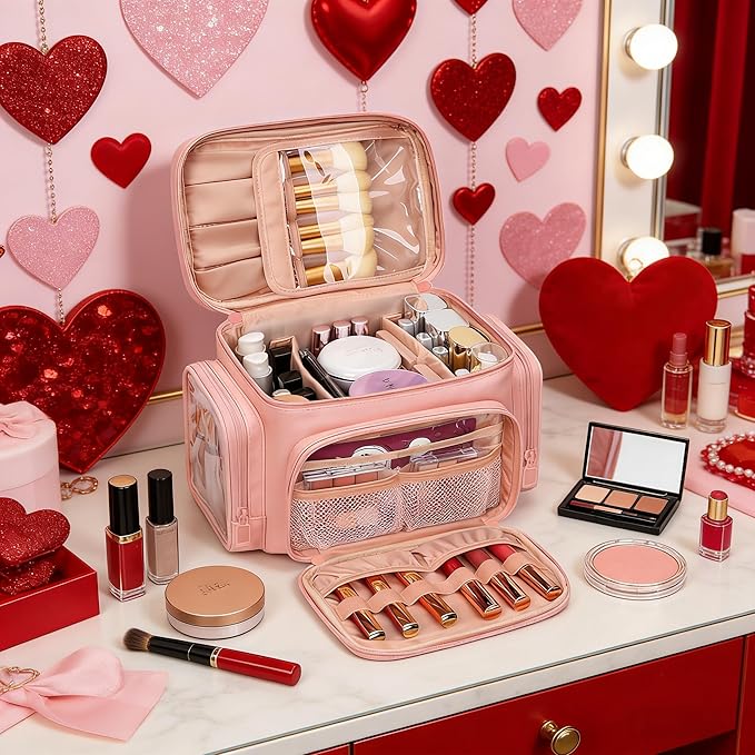 Large Makeup Bag, Portable Travel Makeup Bag Organizer for Women Girls with Makeup Brush Compartment & Two Side Pockets, Cosmetic Travel Bag Vertical Storage Toiletry - Pink