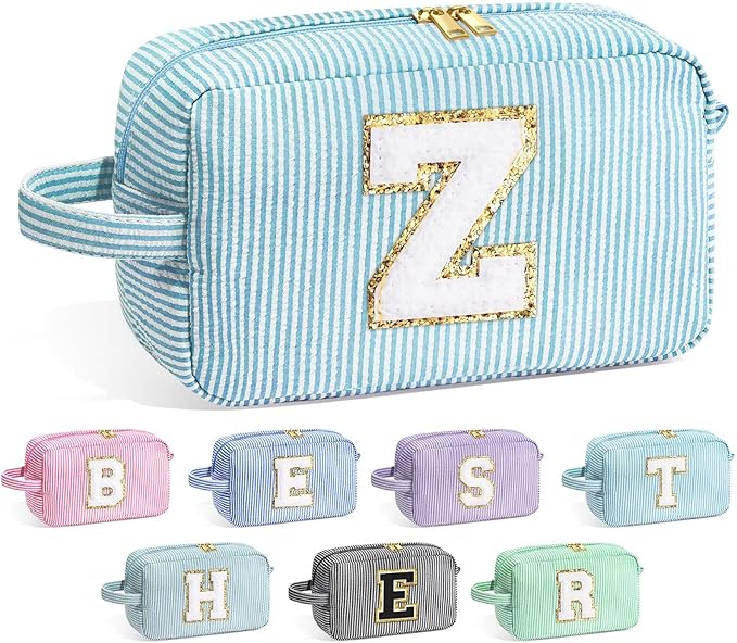 YOOLIFE Travel Makeup Bag for Women - Initial Cosmetic Bag Toiletry Pouch Make Up Case for Women Friend Sister Teacher, Personalized Birthday Gifts for Women, Light Blue Z