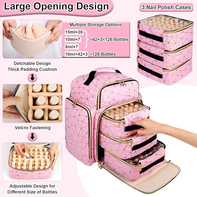 AHZSKE Nail Polish Organizer Backpack Holds 126 Bottles& Nail Lamp, Extra Large Nail Kit Supplies Organizer Bag with 3 Removable Cases, Portable Nail Organizers and Storage for Trave (PU Leather Pink)