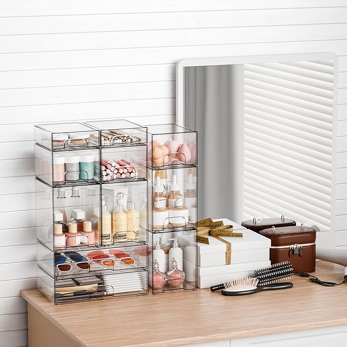 Yieach 4 Pack Small Clear Stackable Storage Drawers,2.2'' Tall Desk Organization and Storage,Plastic Office Supply Organizer,Acrylic Storage Containers for Makeup,Hair Clip,Accessory,Pen,Art Crafts
