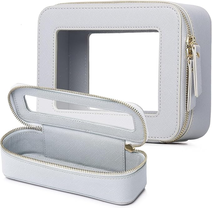 Clear Travel Makeup Bag with Brush Case Portable Transparent Cosmetic Bag and Toiletry Bag Waterproof Makeup Organizer with Zipper Car Essential for Women (Gray, M+Slim)