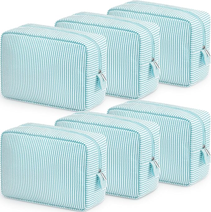 Sanwuta 6 Seersucker Cosmetic Bag Bulk Pinstripe Makeup Bag for Women Aesthetic Cute Travel Toiletry Organizer Preppy Storage Pouch for Wedding Bridesmaid Christmas Gift (Large,Mint Blue)