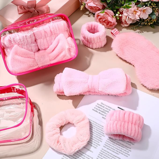 Hoteam 10 Pcs Galentine Spa Party Supplies Valentine Gift Set Sleepover Party Favor Spa Headband Wristband Sleep Eye Mask Velvet Scrunchies for Skin Care Makeup Slumber Night Favor(Pink)