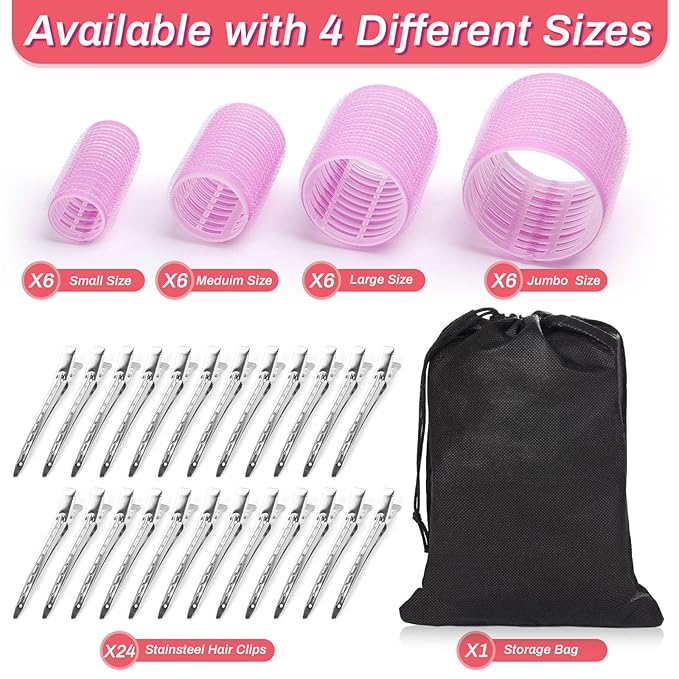 Rollers Hair Curlers Set of 48 with 24 Curlers (6 Jumbo, 6 Large, 6 Medium, 6 Small) and 24 Clips for Long, Medium, Short Hair (Purple)