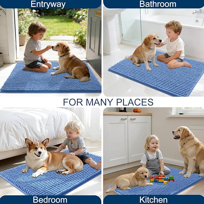 OLANLY Dog Door Mat for Muddy Paws 44x32, Ultra Absorbent Chenille Mud Doormat, Non-Slip Washable and Dirt Trapping Doormat for Indoor Entryway, Quick-Dry Indoor Pet Bed Mats for Dogs, Cornflower Blue