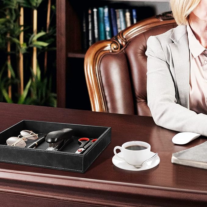 SITHON Valet Tray Desk Organizer, PU Leather Catchall Bedside Vanity Tray Nightstand Caddy Coin Box Key Jewelry Storage Organizer, Valentine's Day Gift, Black