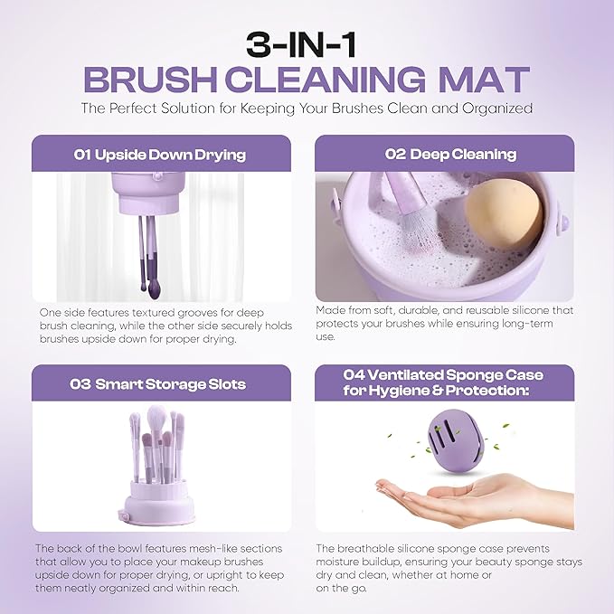 Makeup Brush Cleaner Mat 3 in 1 and Makeup Sponge Holder set - Make Up Brush Cleaner Cleanser and Make Up Sponge Holder - Limpiador de Brochas de Maquillaje (Pink)