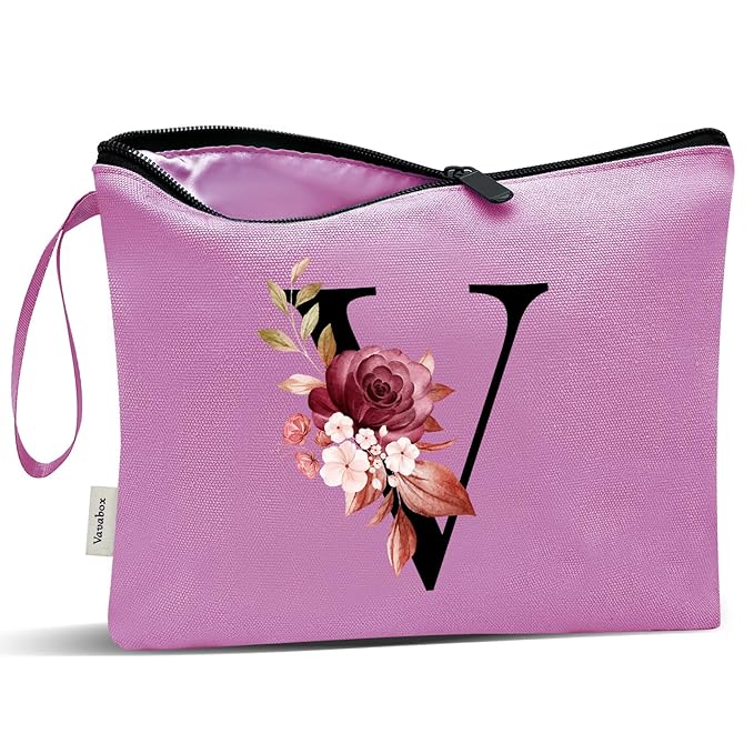 Vavabox A-Z Personalized Makeup Bag, Birthday Gifts for Women Mom, Gifts for Best Friend, Bride Bridesmaid Cosmetic bag (V, Purple)