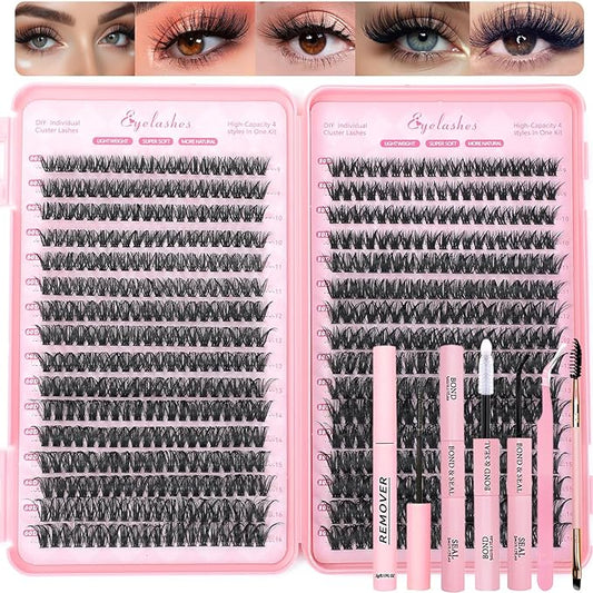 Lash Clusters Kit, 640 Pcs Eyelashes Clusters Extensions Kit 9-16mm Individual Lashes D Curl Fluffy Wispy False Eyelashes Thin Band, with Bond Seal Remover Tweezers Brush DIY (40D+50D Kit 9-16mm)