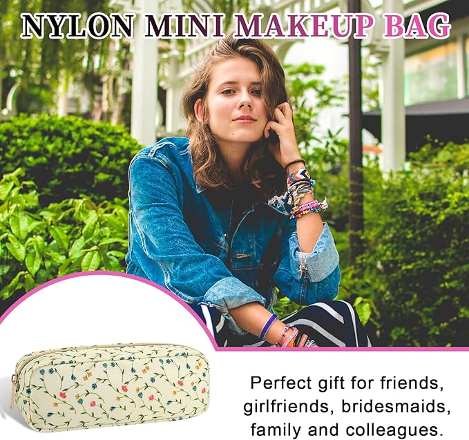Nylon Floral Small Makeup Bag Slim Pouch, Cute Preppy Makeup Brush Bag Portable Make up Pouch with Zipper, Waterproof Travel Toiletry Bag Coin Purse Storage Organizer for Women Girls(Vine Flower)