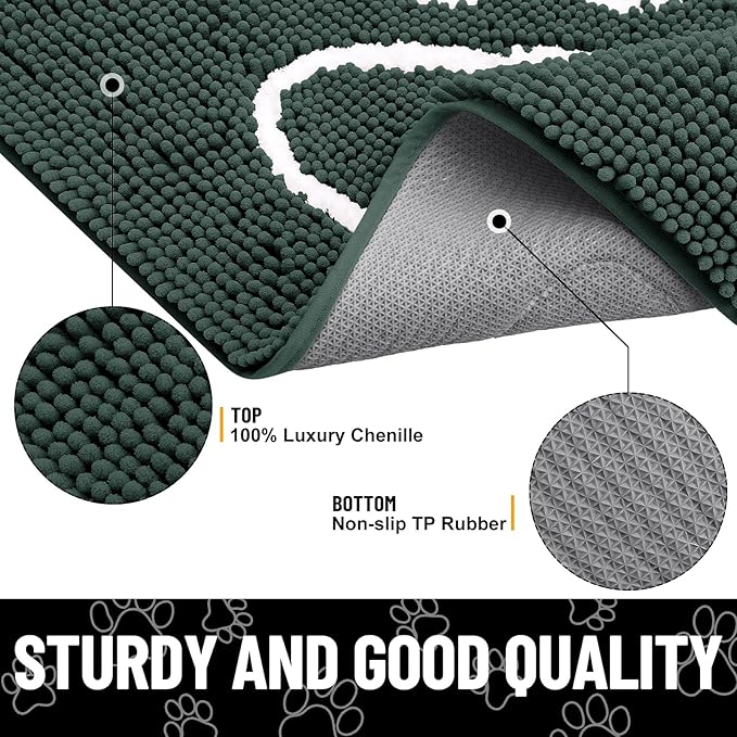 Smiry Dog Door Mat for Muddy Paws, Absorbent Dirt Trapper Non Slip Quick Dry Washable Chenille Mat for Mud Dogs, Entry Rug for Indoor and Outdoor (36x24 Inches, Green and White)