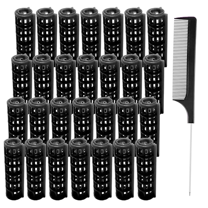 28PCS Plastic Hair Rollers Set 1.5cm/0.6in Heatless Rollers Hair Curlers Self Grip Rollers Tools for DIY Hairdressing Hair Salon(Black)