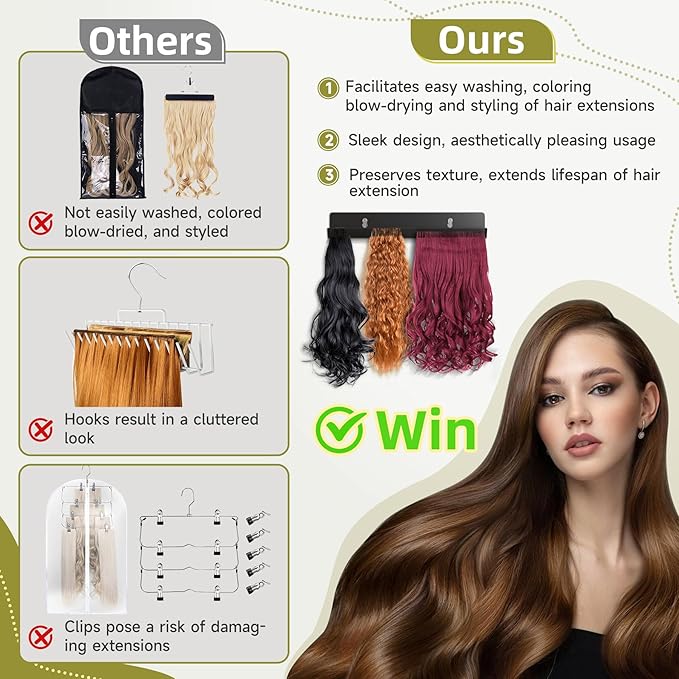 Hair Extension Hanger - Black Holder for Styling, Washing, Drying, Braiding, Display Rack for Clip-in, Wefts, Tape, Bundles, Hair Topper, Organizer/Storage