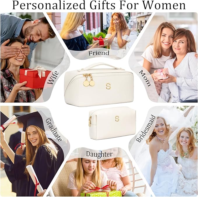 Birthday Gifts for Women Teen Girl, Personalized Initial Makeup Organizer Bag Set, Open Flat Travel Cosmetic Bag With Clear Divider and Handle(Large-Beige,S)