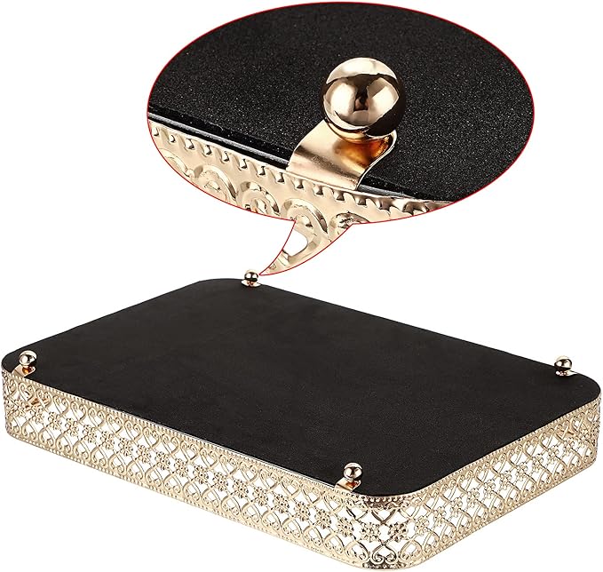 ELLDOO Perfume & Makeup Vanity Tray - Hollow-Carved Jewelry Storage, Glass & Metal Trinket Organizer for Dresser & Bathroom Countertop, Gold, Medium Size