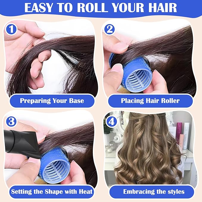 Hair Rollers, 12 Pack Self Grip Hair Curlers Rollers for Long Hair, DIY Curly Hairstyle, Colors May Vary, Large