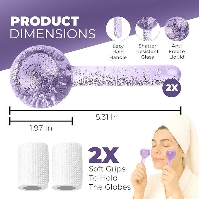 Ice Globes for Face 2Pcs – Freezer Safe Ice Globes for Facials, Skin Tightening & Anti-Aging – Reusable Facial Ice Globes for Puffiness & Wrinkles of Face, Neck & Eyes – Purple