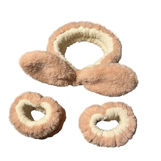 Cute Face Wash Headband & Wristbands Set - 1 Kawaii Skincare Headband with 2 Microfiber Spa Wrist Bands, Premium Sewing Soft & Absorbent Head Bands for Washing Face Makeup Hair Care (Khaki)