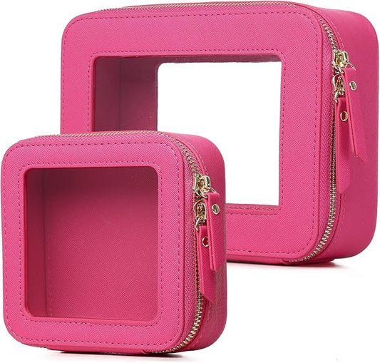 Clear Makeup Bag Set Travel Cosmetic Bag and Toiletry Bag Women's Purse Pouch Cosmetic Stroage Organizer Case with Zipper Car Essentials (Fuxia, M+Mini)