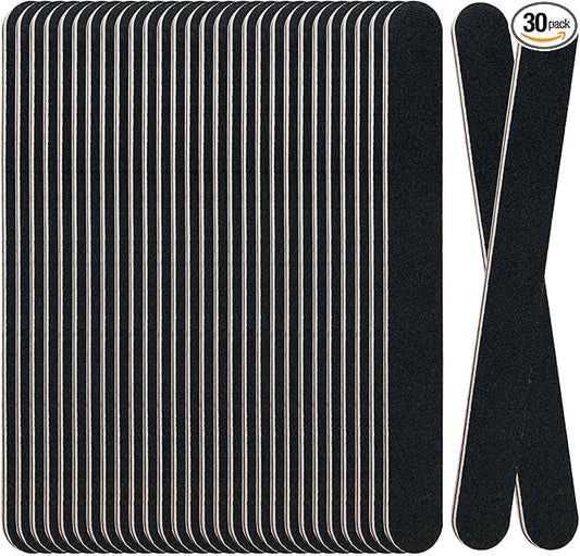 30 Pack Professional Emery Boards - 100/180 Grit Nail File Pack for Acrylic and Natural Nails, Black