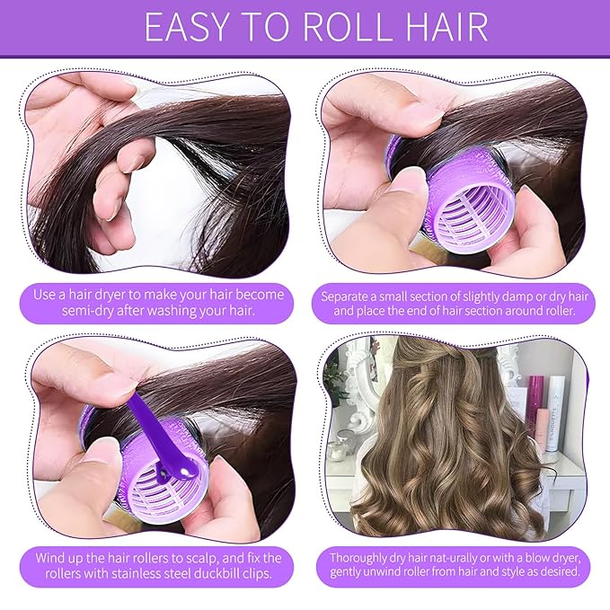 Hair Rollers, 12 Pack Self Grip Salon Hairdressing Curlers, DIY Curly Hairstyle, Large Rollers1.57In Purple