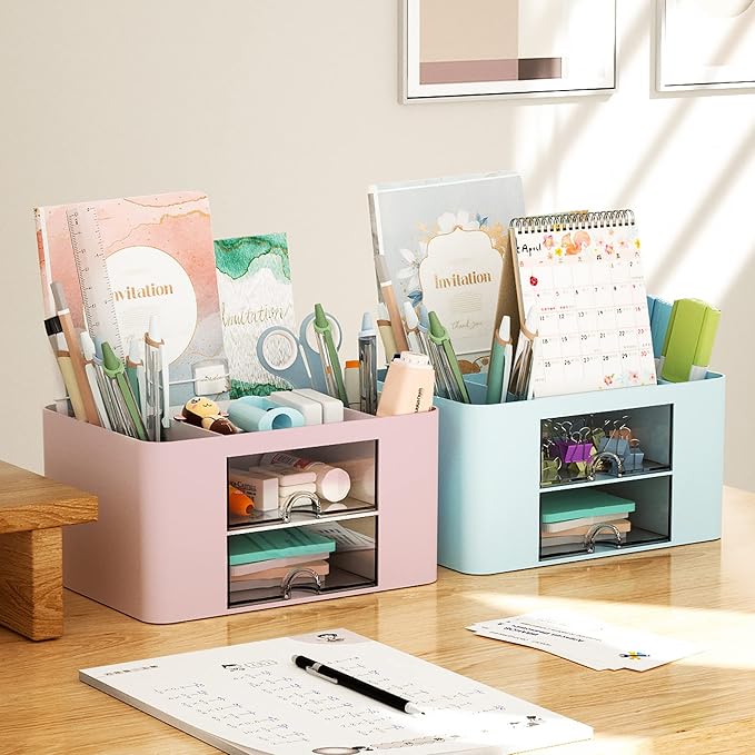 Marbrasse Pen Organizer with 2 Drawer, Multi-Functional Pencil Holder for Desk, Desk Organizers and Accessories with 5 Compartments + Drawer for Office Art Supplies (Pink)