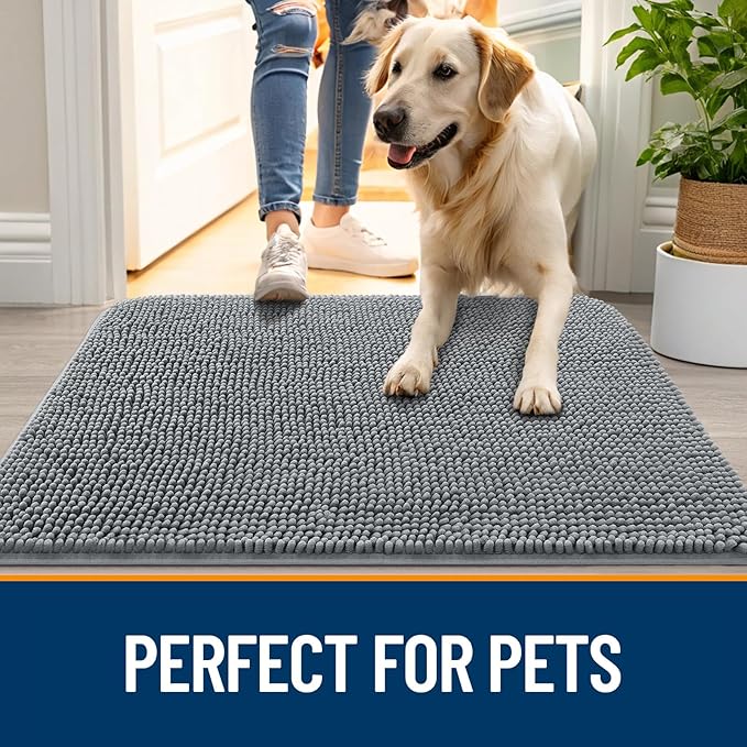 OLANLY Dog Door Mat for Muddy Paws 47x24, Absorbs Moisture and Dirt, Absorbent Non-Slip Washable Doormat, Quick Dry Chenille Mud Mat for Dogs, Entry Indoor Entryway Carpet for Inside Floor, Grey