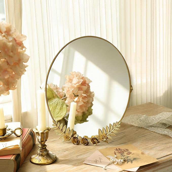 Golden Desk Oval Makeup Mirror with Blossoming Floral Accents – Lightweight Decorative Tabletop Vanity Mirror for Living Room, Bedroom, 10.04 x 11.81 Inches