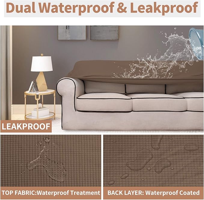 Easy-Going 100% Waterproof Couch Cover, Dual Waterproof Sofa Cover, Stretch Jacquard Sofa Slipcover, Leakproof Furniture Protector for Kids, Pets, Dog and Cat (Sofa, Brown)