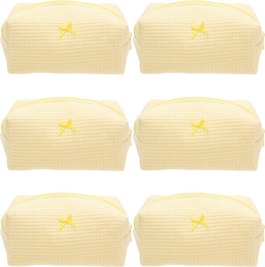 PAZIMIIK 6PCS Cozy Makeup Bag Travel Cosmetic Bag for Women Soft Toiletry Bag Aesthetic Makeup Organizer Portable Large Zipper Pouch for Skincare Beauty Accessories Brushes Waffle Check Yellow