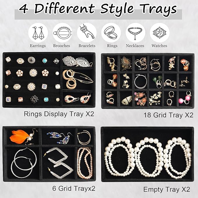 Jewelry Organizer Tray Set Of 8 Jewelry Trays For Drawers and Can Effectively Organize Jewelry Such As Rings, Earrings, Necklaces And Bracelets Jewelry Drawer Organizer (Black)