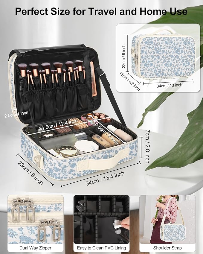 Relavel Large Makeup Bag, Cute Cosmetic Bags for Women and Girls Travel Makeup Organizer Bag Train Case 13.8 inches Makeup Brush Holder and Storage with Adjustable Dividers, Floral Print