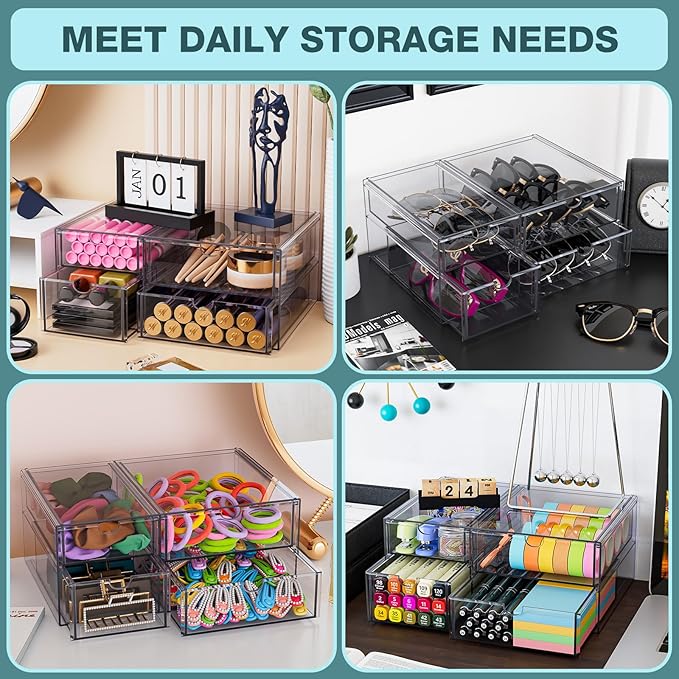 Noverlife Acrylic Hair Accessories Organizer with 4 Drawers, Clear Storage Drawers for Organizing Hair Ties/Jewelry/Sunglass, Stylish Make up Organizer Display & Office Bathroom Desktop Storage Case