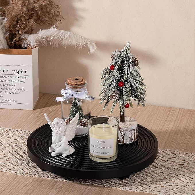 Round Decorative Tray Farmhouse Bathroom Decor Wood Riser Kitchen Countertop Organizer for Perfume, Candle, Plant, 11 inch Black