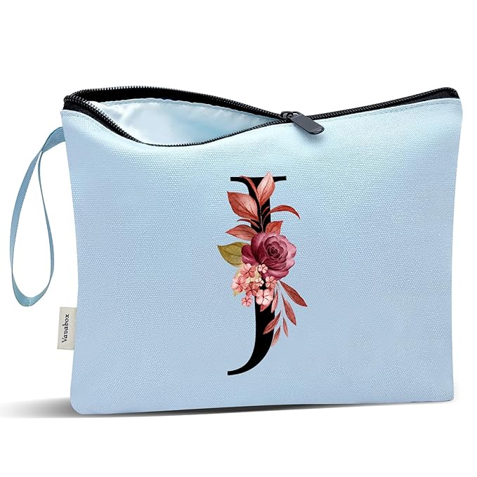 Vavabox A-Z Personalized Makeup Bag, Birthday Gifts for Women Mom, Gifts for Best Friend, Bride Bridesmaid Cosmetic bag (J, Blue)